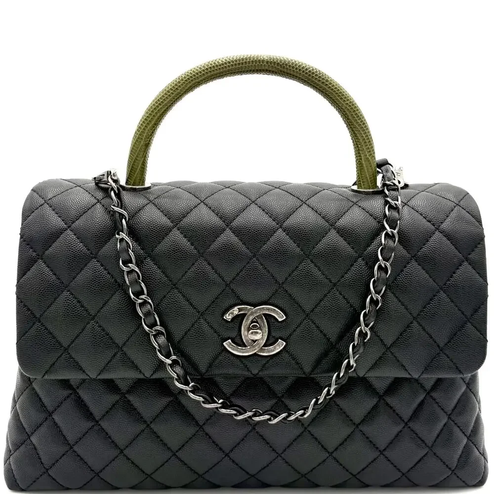 Black Coco Handle Medium Caviar Leather and Lizard Handle Bag